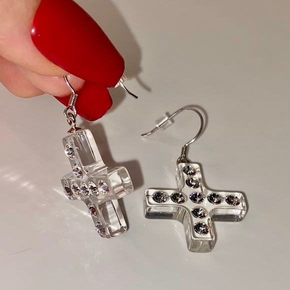 Women’s Lucite Cross Earrings Embellished With Swarovski Crystal Stones, New - Picture 3 of 9